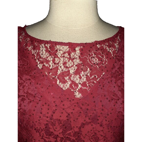 NEW DANNY AND NICOLE Size 12 Shift Dress Red Floral Lace Shimmery Sequins Ruffle - Picture 2 of 7
